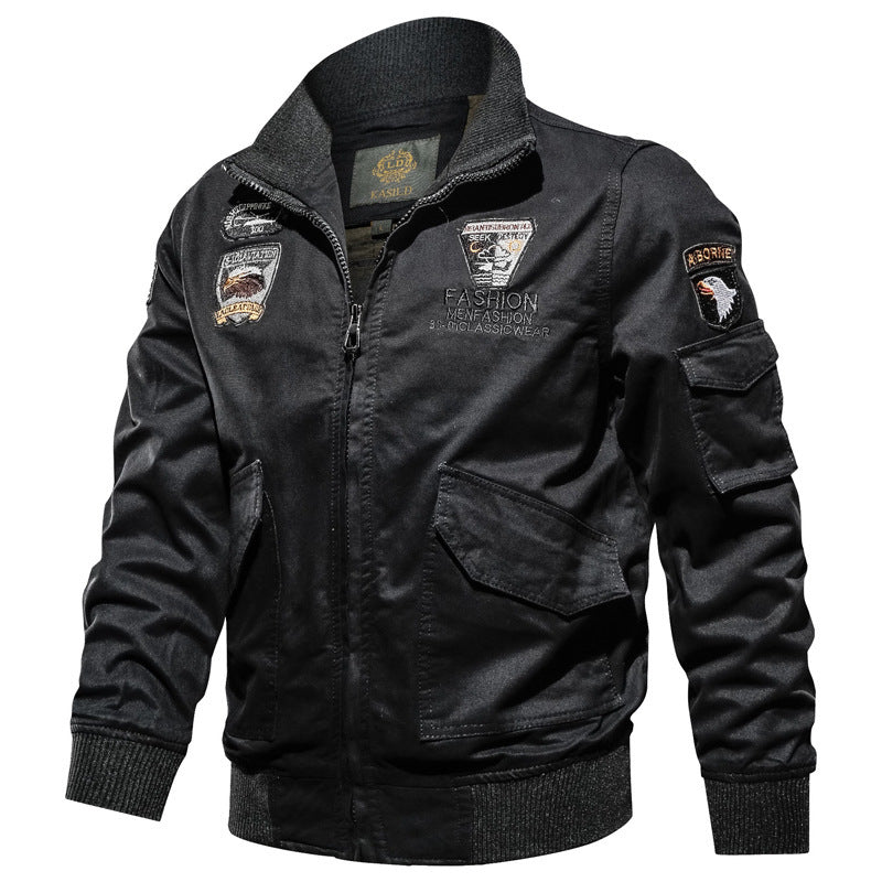 Men's Military Canvas Bomber Jacket with Embroidered Patches and Arm Pocket Chichicherry