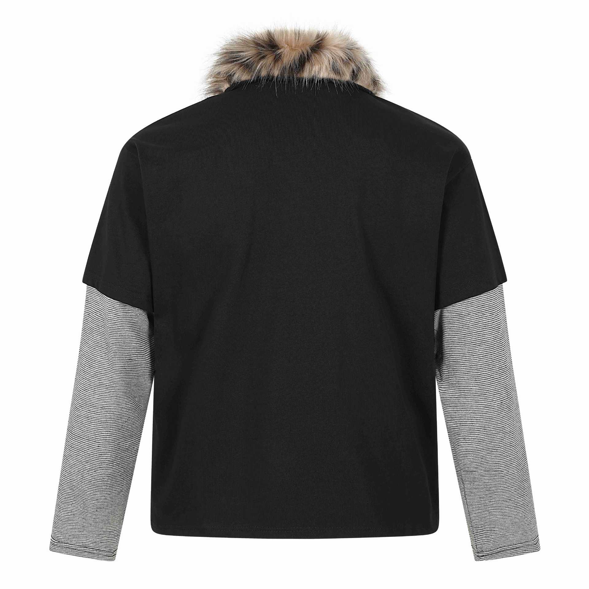 Women Layered-Look Long Sleeve Polo with Faux Fur Collar and Badge Embroidery Chichicherry