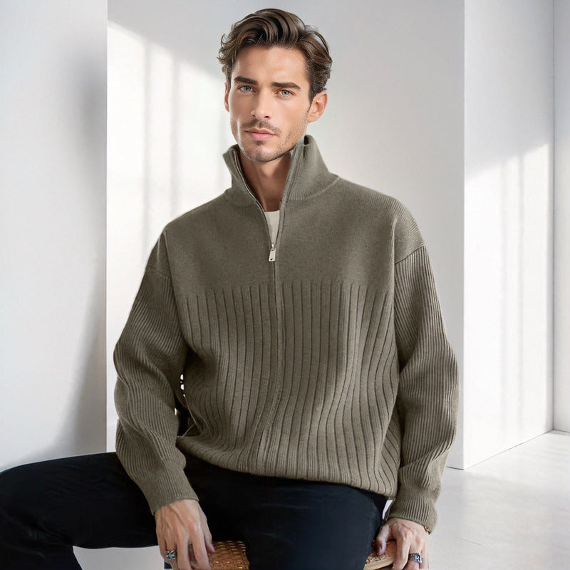 Herren Halbzip-Strickpullover mit hohem Stehkragen und breitem Rippenmuster Chichicherry