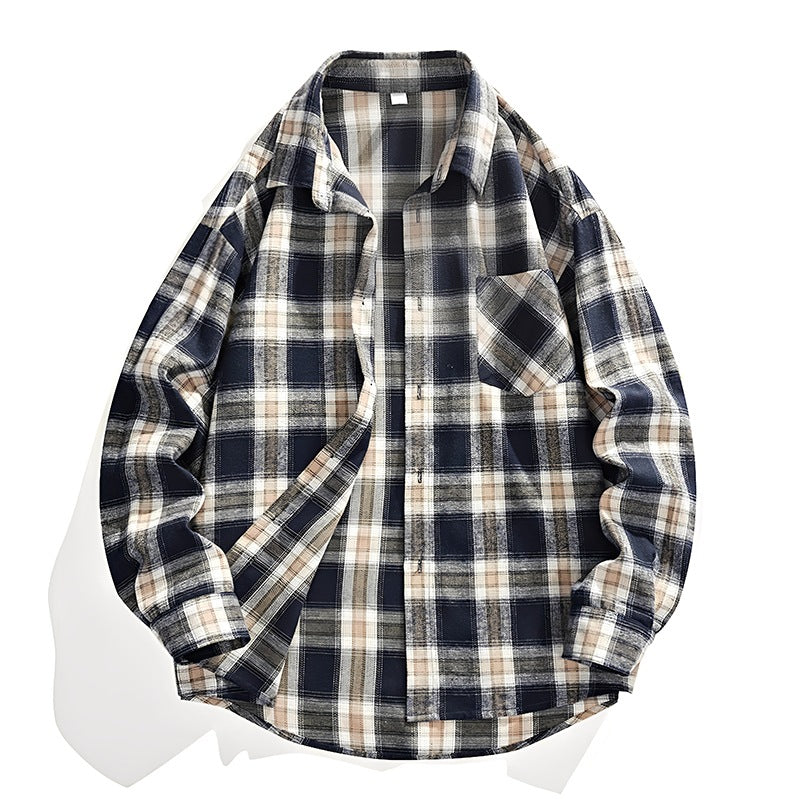 Men's Oversized Checked Flannel Shirt Jacket with Breast Pocket & Rounded Hem Chichicherry
