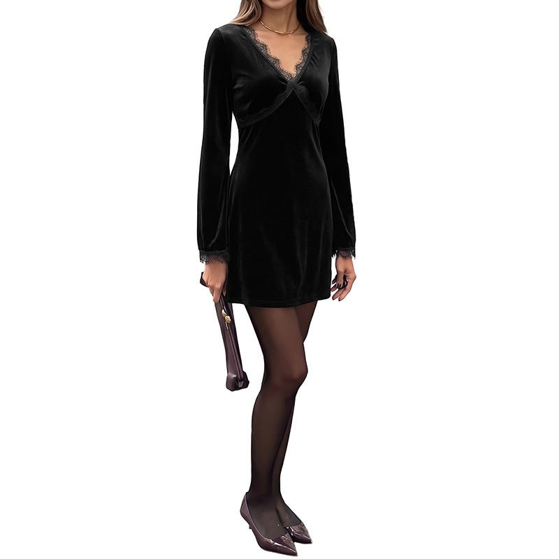 Women's Velvet Mini Dress with Lace Trim, V-Neck and Trumpet Sleeves Chichicherry