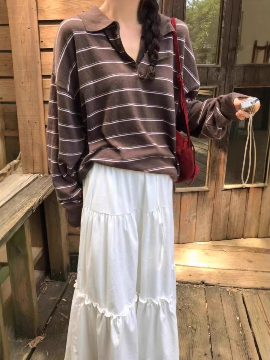 Women's Oversized Polo Collar Sweater with Stripes and Half Button Placket Chichicherry