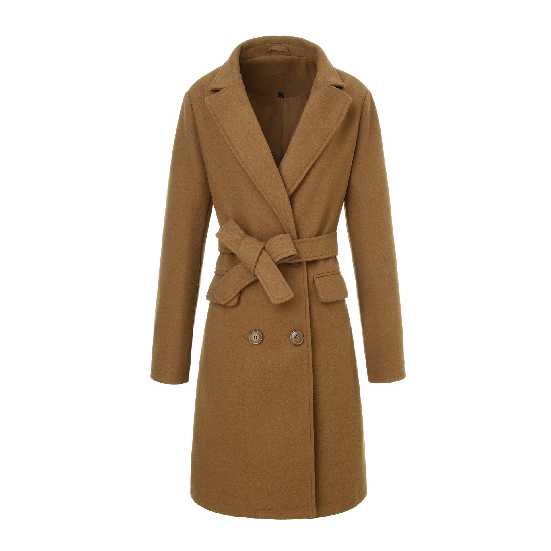 Women’s coat in wool look with double-breasted front, waist belt, and flap pockets Chichicherry
