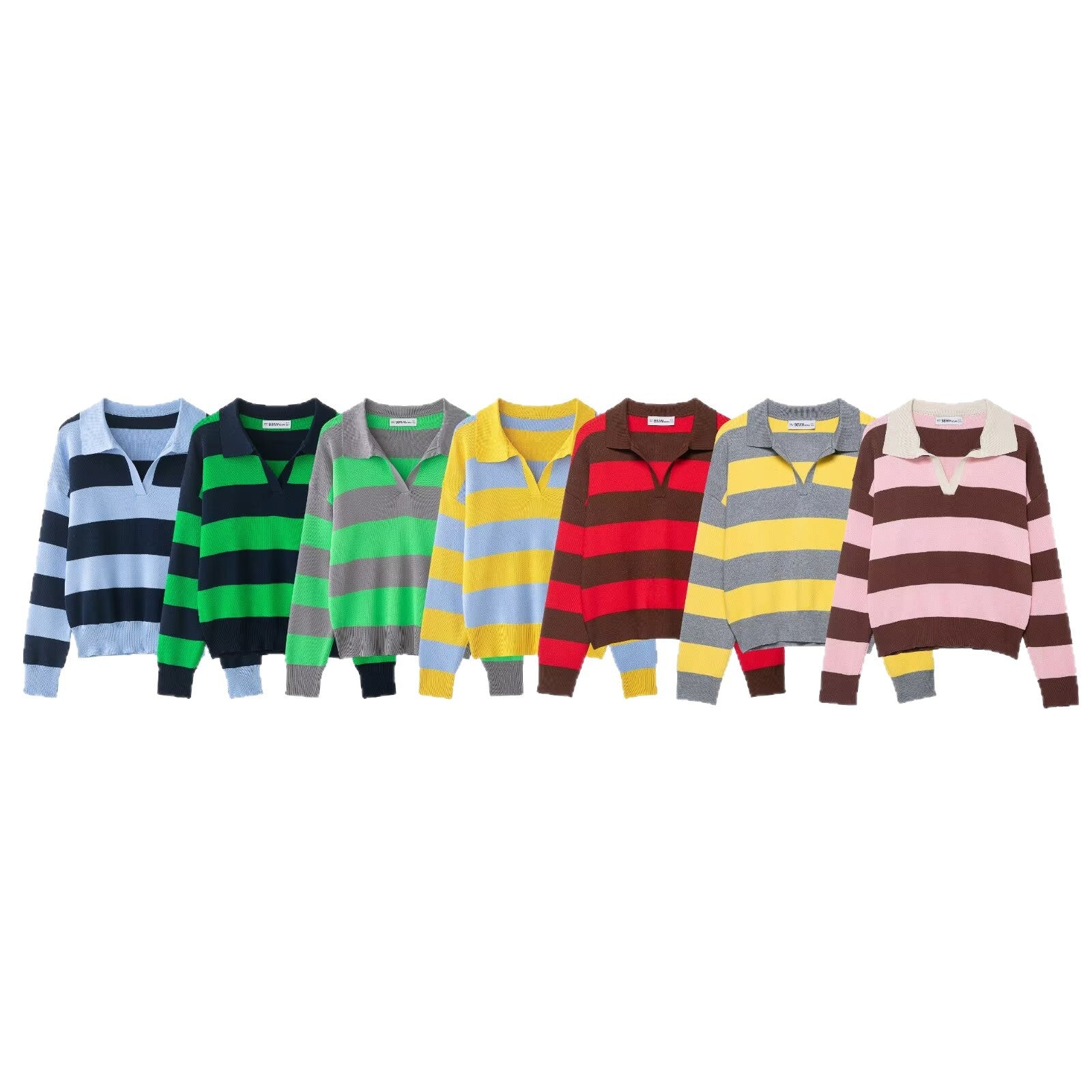 Women Striped Oversize Rugby Sweater with Polo Collar and V-Neck Chichicherry