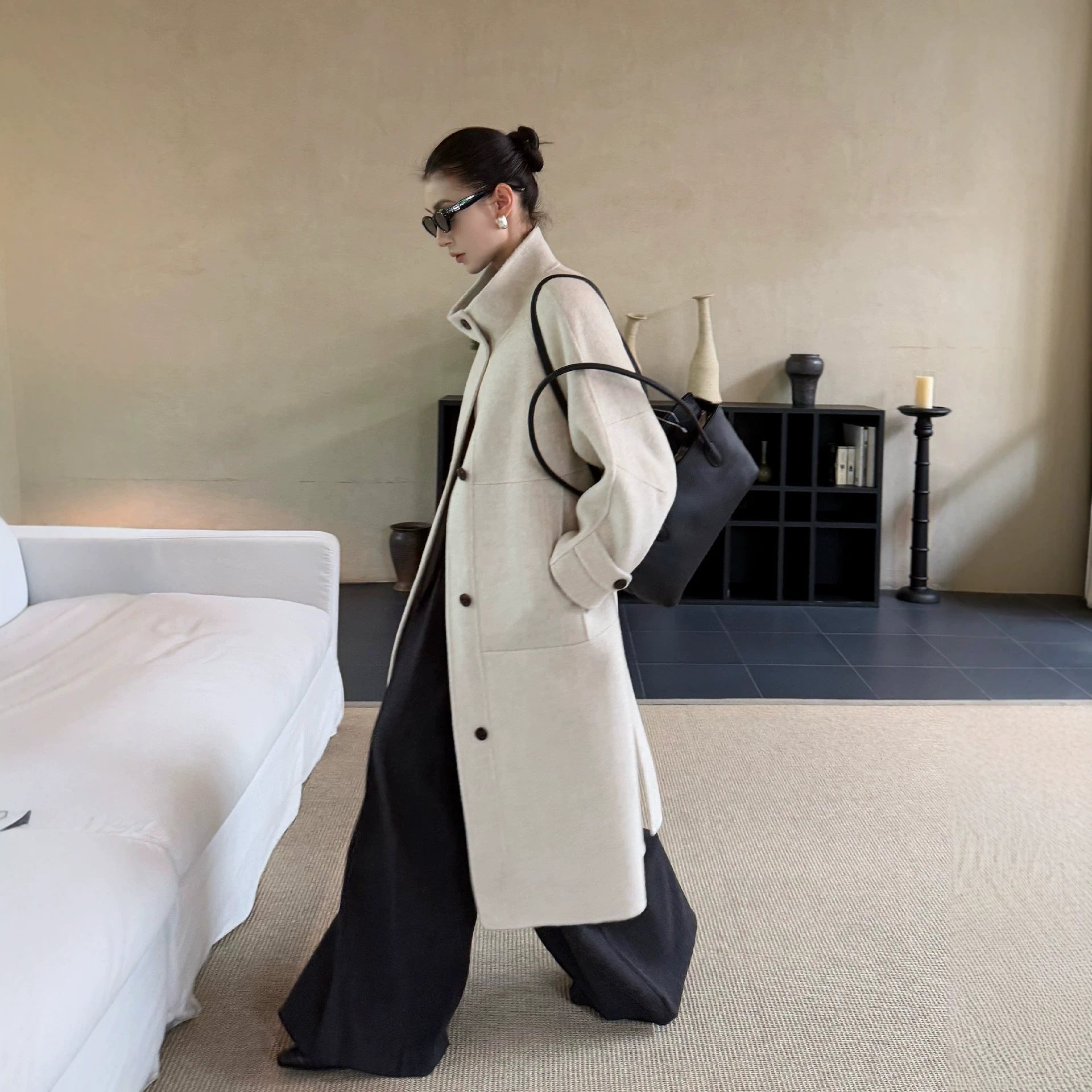 Women's Oversized Wool Coat with Stand-Up Collar and Large Flap Pockets Chichicherry