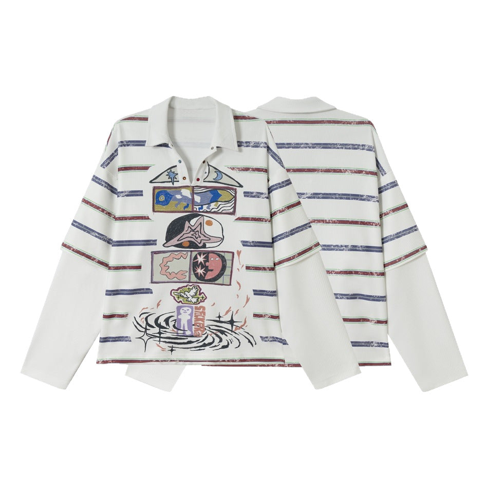 Women Waffle Polo Shirt with Graphic Print, Stripes and Half Snap Placket Chichicherry