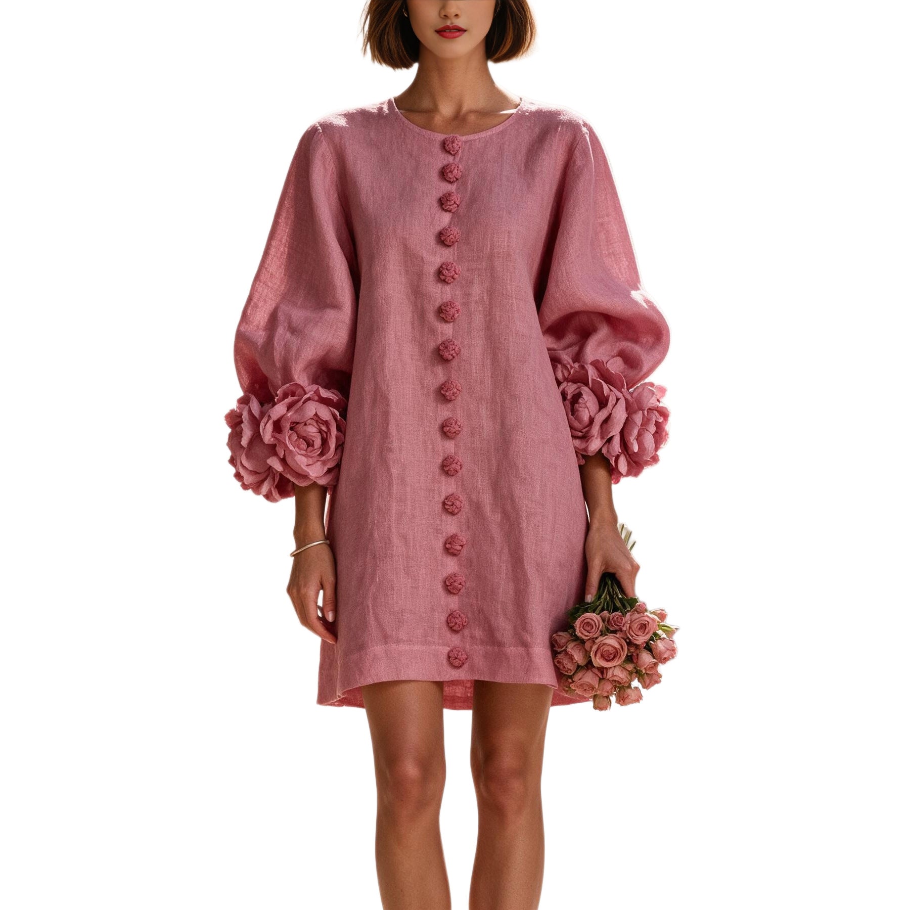Damen Kurzkleid aus Leinen mit voluminösen Ballonärmeln und 3D-Blumenmanschetten Chichicherry