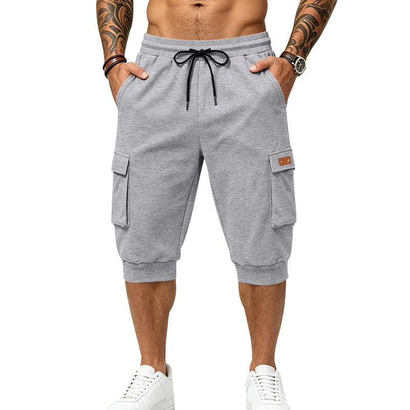 Men's Three-Quarter Cargo Jogging Pants with Drawstring, Patch Pockets, and Ribbed Cuffs Chichicherry
