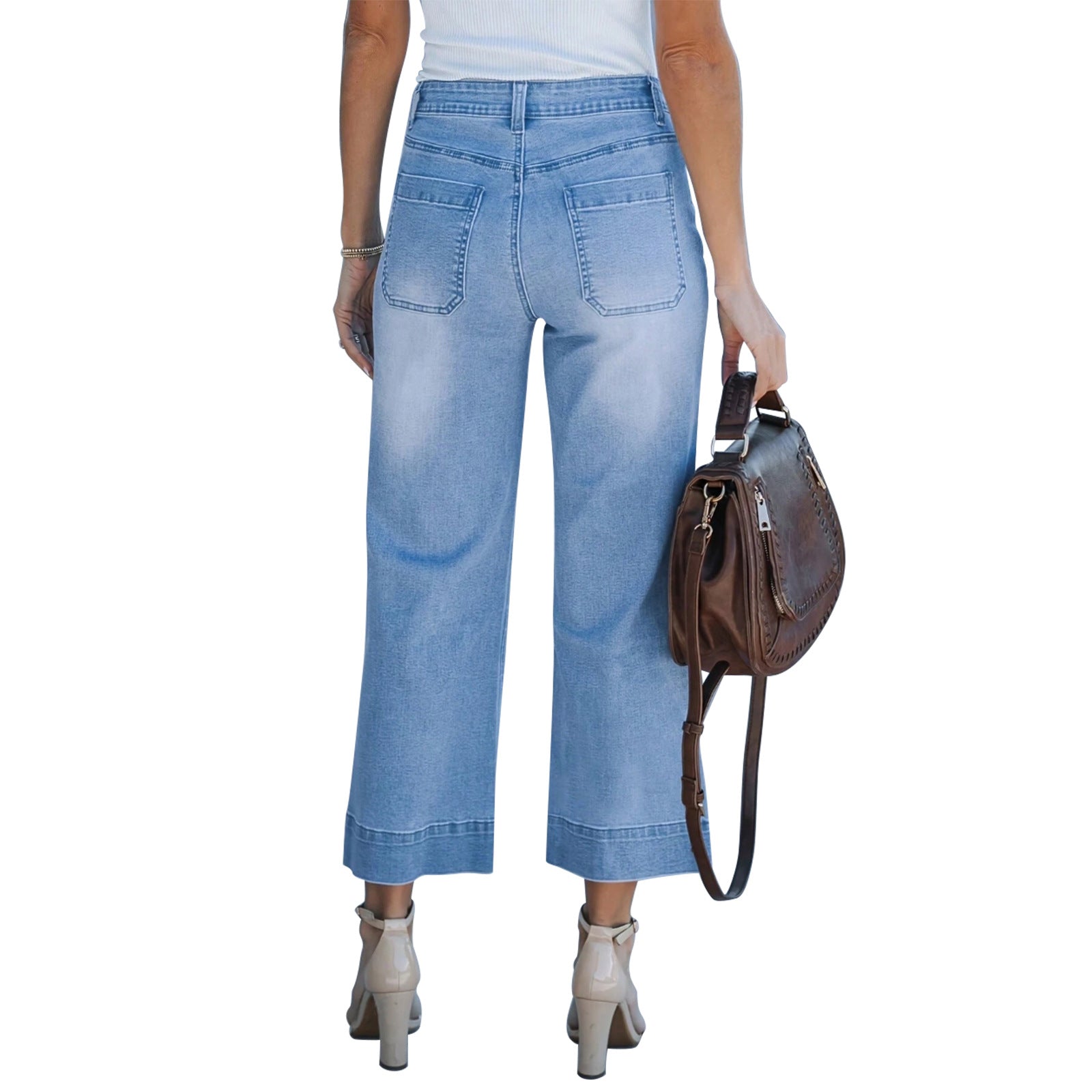 Women High-Waisted Culotte Jeans with Wide Legs and Patch Front Pockets Chichicherry