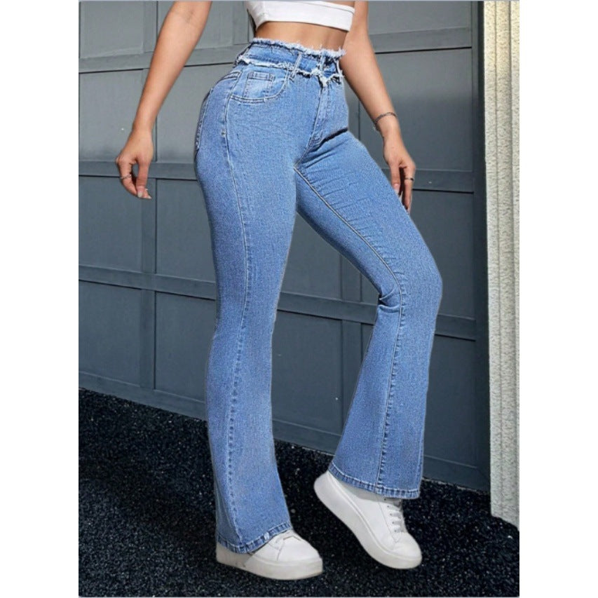 Women High-Waisted Sculpting Flared Jeans with Gathered Waistband and Figure-Shaping Fit Chichicherry