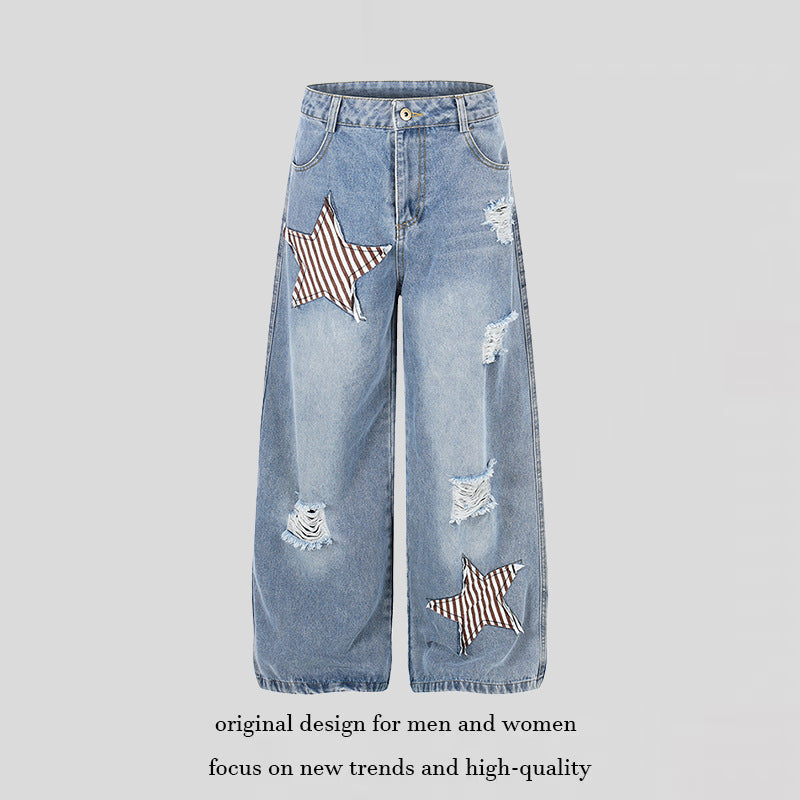 Women's wide high-rise jeans with star appliqués and distressed effect Chichicherry