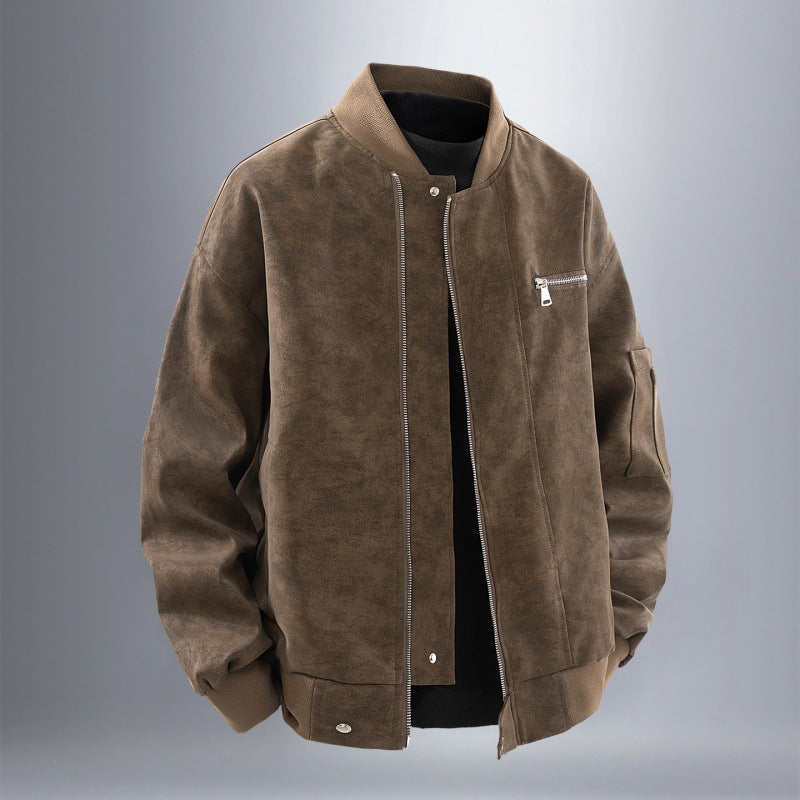 Men's Suede Look Bomber Jacket with Full Zip, Rib Collar and Utility Pockets Chichicherry