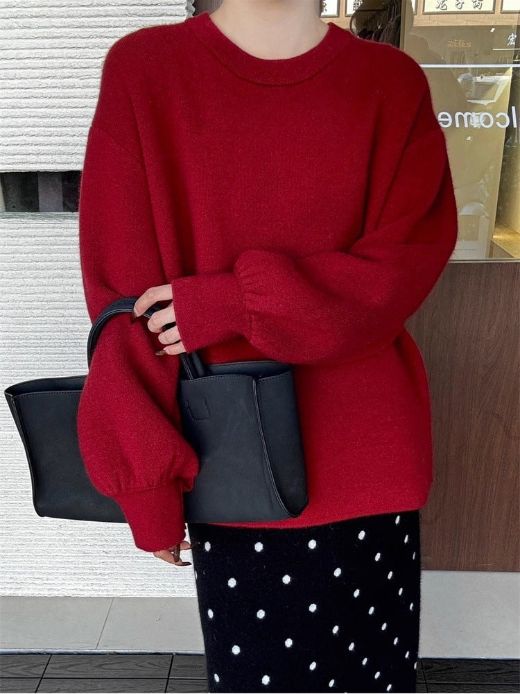 Women's Oversize Fine Knit Sweater with Balloon Sleeves and Button Cuff Chichicherry