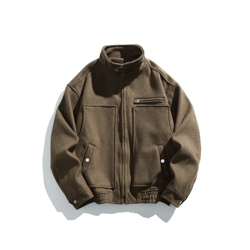 Men's short-cut boxy wool blend blouson with stand-up collar, elastic hem, and zippered chest pocket Chichicherry