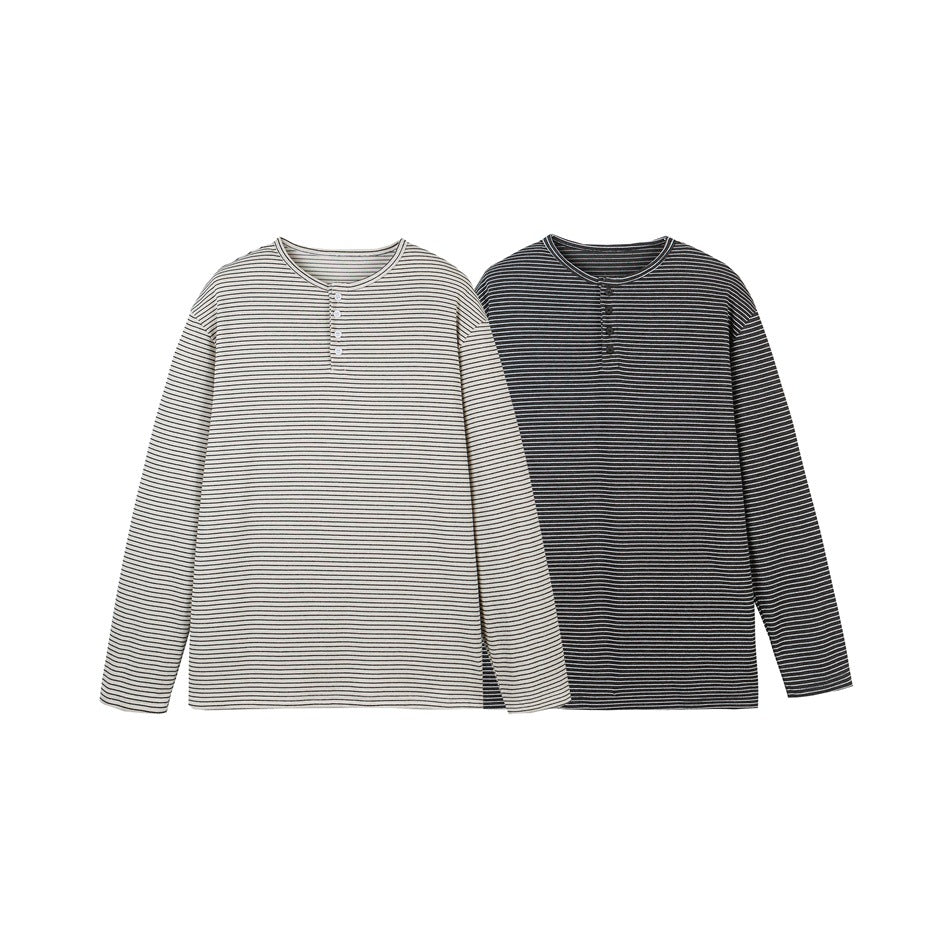 Unisex Striped Henley Long Sleeve Shirt in Oversize Relaxed Fit with Button Placket Chichicherry