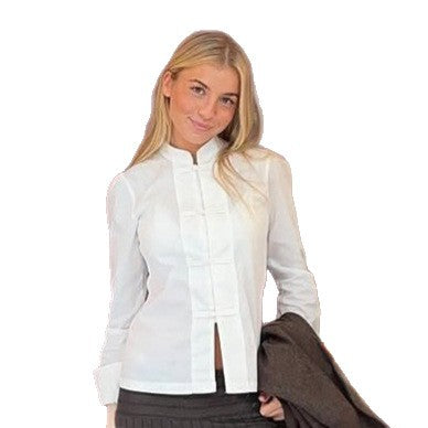 Ladies Tailored Mandarin Collar Blouse with Concealed Button Placket and Straight Hem Chichicherry