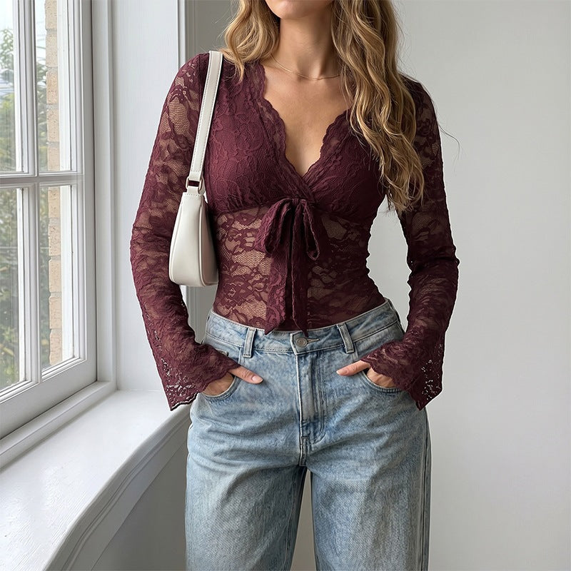 Ladies figure-hugging lace long sleeve with V-neck, tie band front and trumpet sleeves Chichicherry
