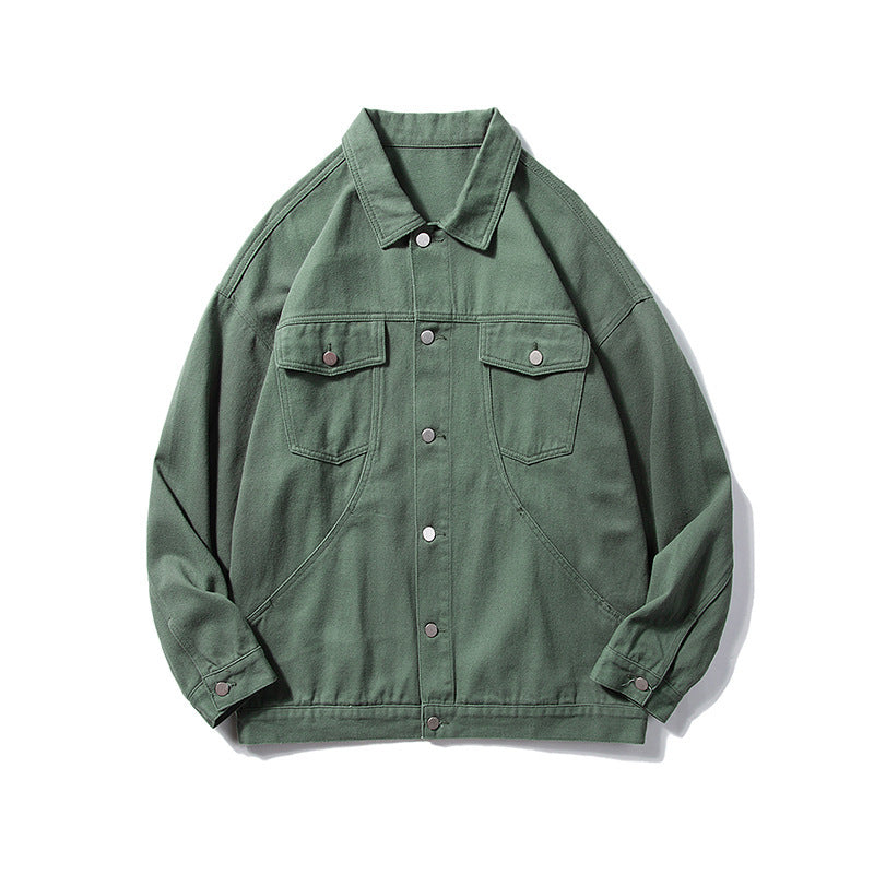 Men's Oversized Canvas Utility Jacket with Snap Front, Patch Chest Pockets, and Raglan Sleeves Chichicherry