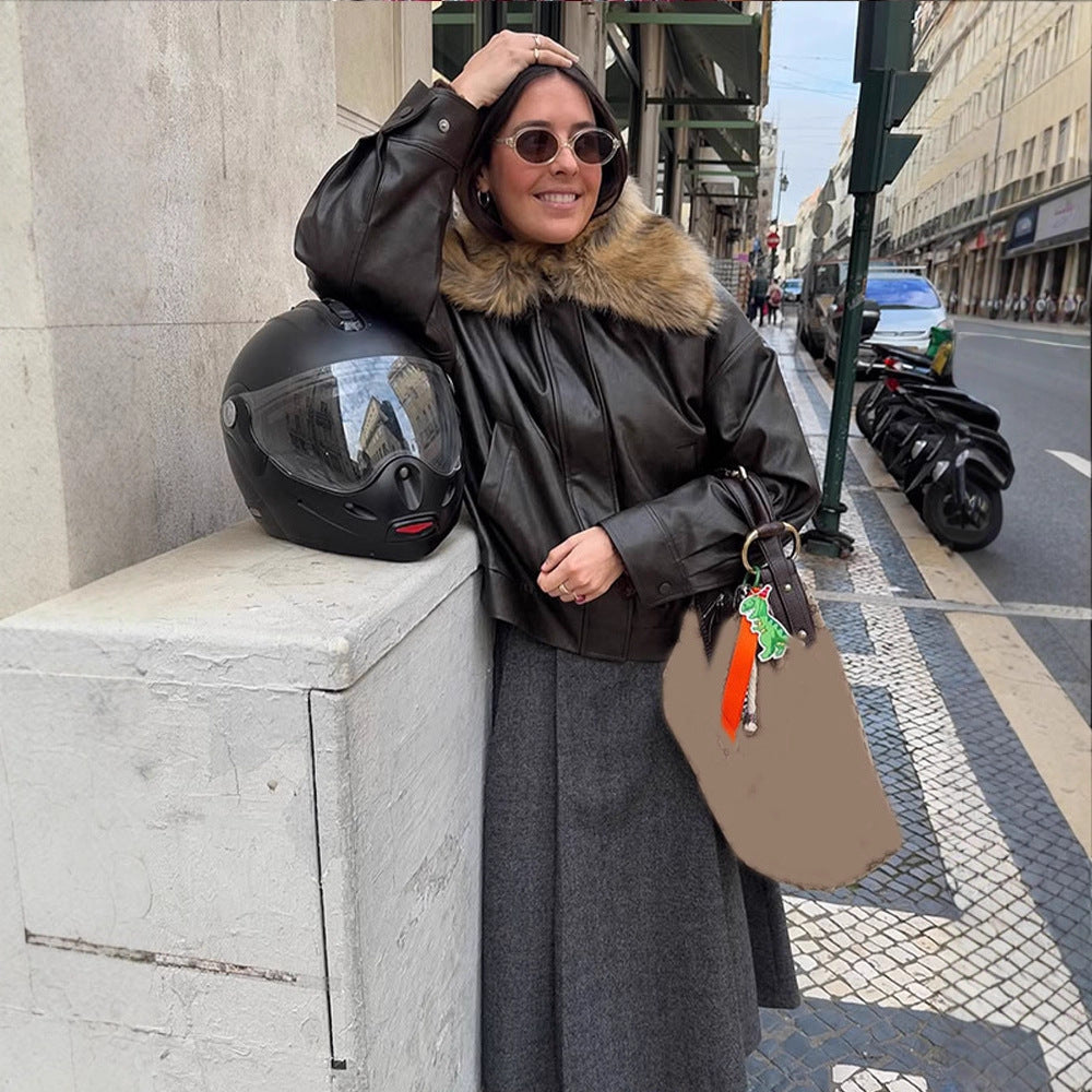 Women Boxy Faux Leather Blouson with Removable Faux Fur Collar and Concealed Button Placket Chichicherry