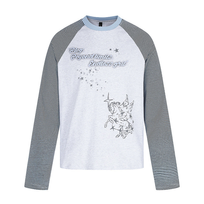 Women's raglan long sleeve shirt in astral motif with fine striped sleeves and relief print Chichicherry