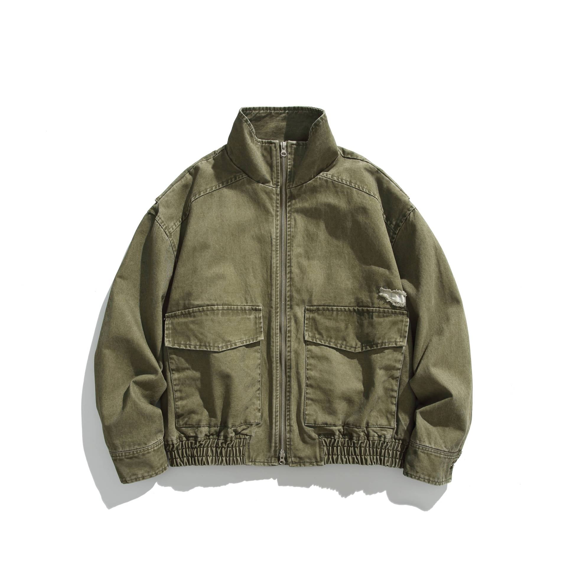 Unisex Short Jacket in Vintage Canvas with High Stand-Up Collar and Utility Pockets Chichicherry