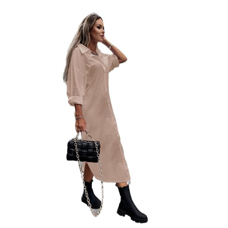 Women's Long Oversized Shirt Dress with Continuous Button Placket, Cuffed Sleeves and Deep Side Slit Chichicherry