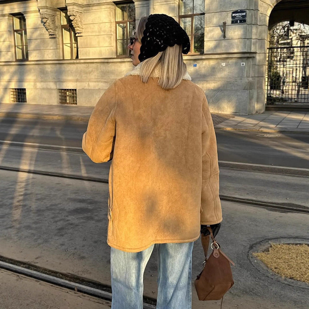 Women's Boxy Lambskin Look Coat with Folded Teddy Collar Chichicherry