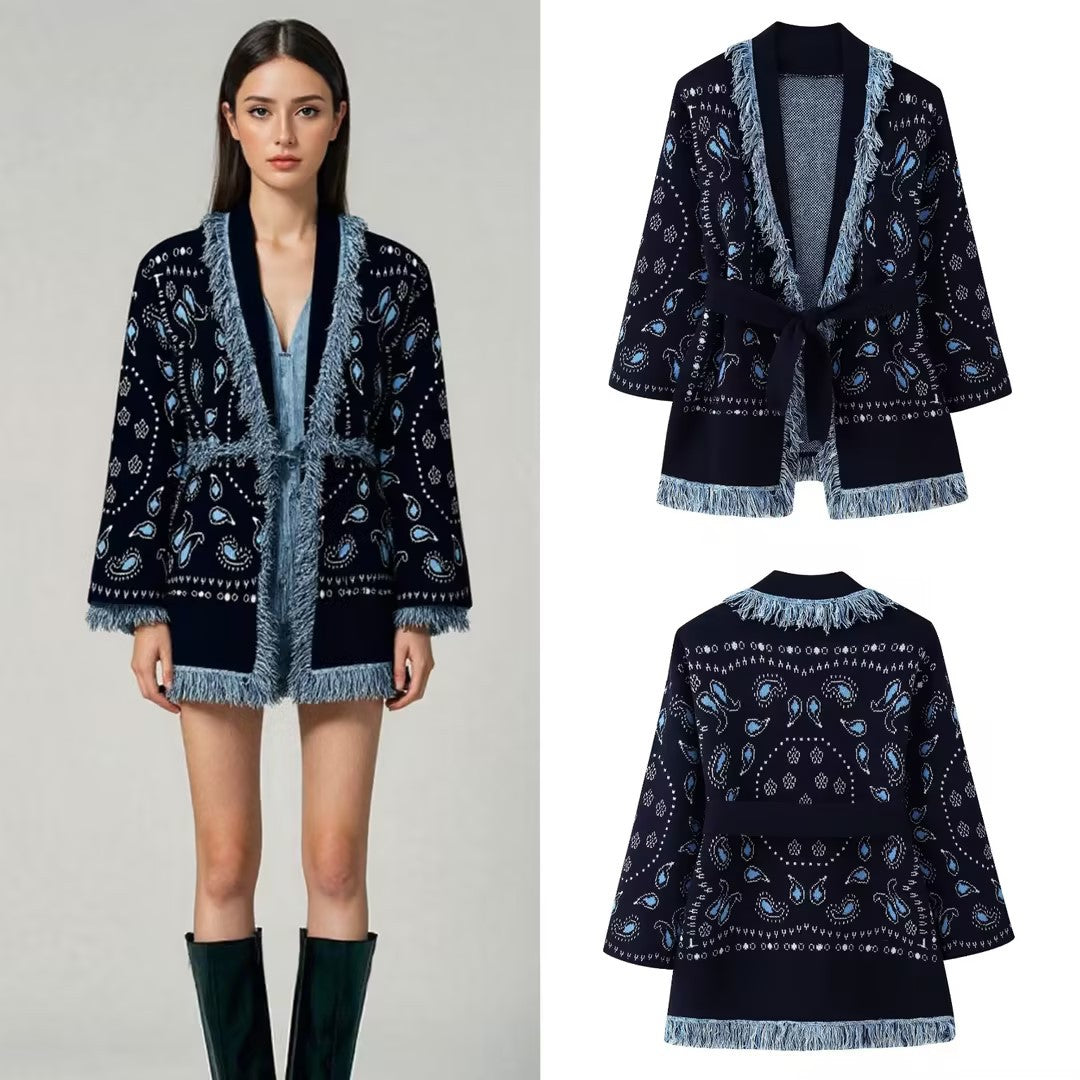 Women Fringe Kimono Cardigan with Paisley Jacquard and Tied Belt Chichicherry