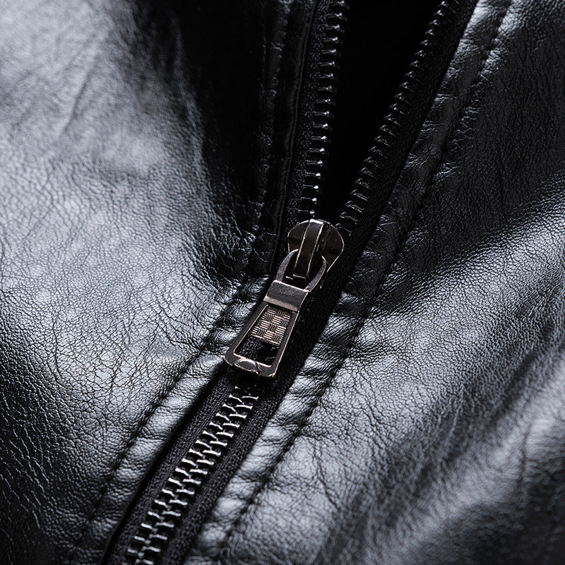 Men's Faux Leather Bomber Jacket with Ribbed Cuffs and Concealed Zipper Pockets Chichicherry