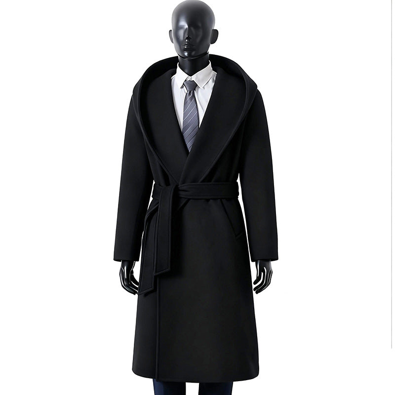 Women's Maxi Length Hooded Coat made of Wool Blend with Tying Belt and Soft Lining Chichicherry