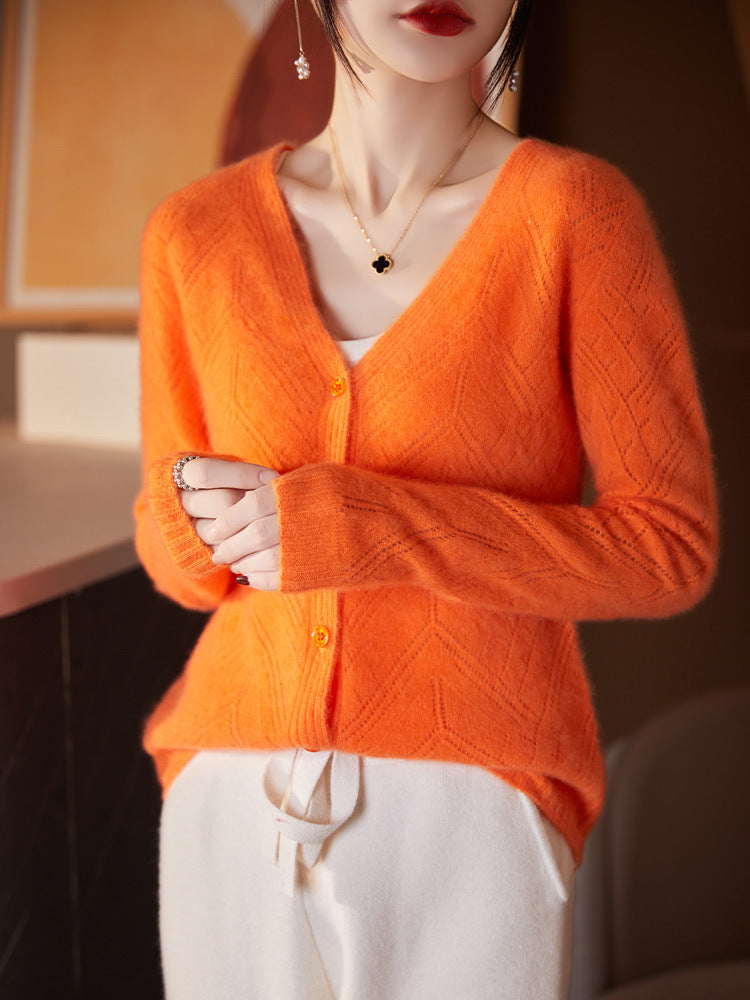 Women’s Light Openwork Cardigan with Geometric Hole Structure and Boxy Short Shape Chichicherry