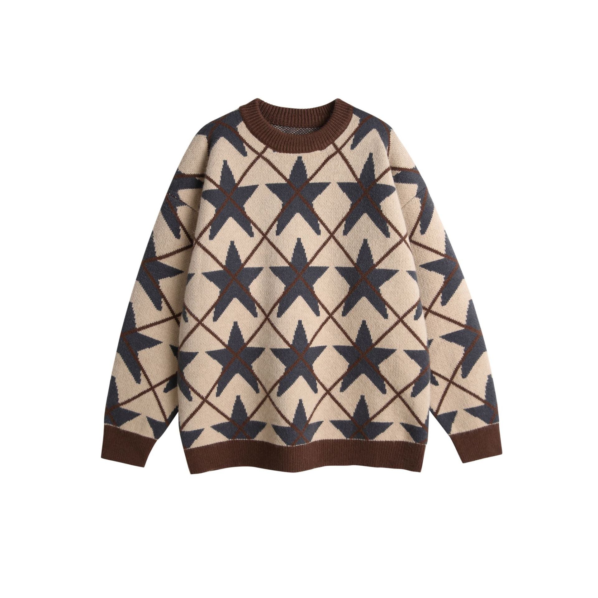 Unisex Chunky Knit Crew Neck Sweater with Star Jacquard Chichicherry