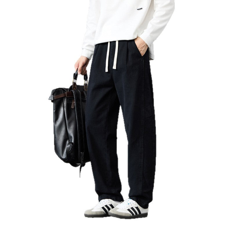 Men's Loose Cotton Canvas Cargo Pants with Drawstring Waist and Multiple Pockets Chichicherry