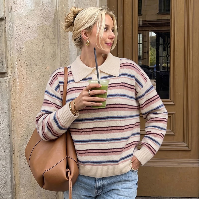 Women's Striped Polo Collar Knit Sweater with Relaxed Fit Chichicherry