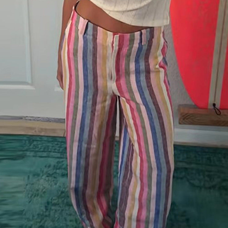 Women’s linen pants with wide leg, high waist & colorful striped pattern Chichicherry
