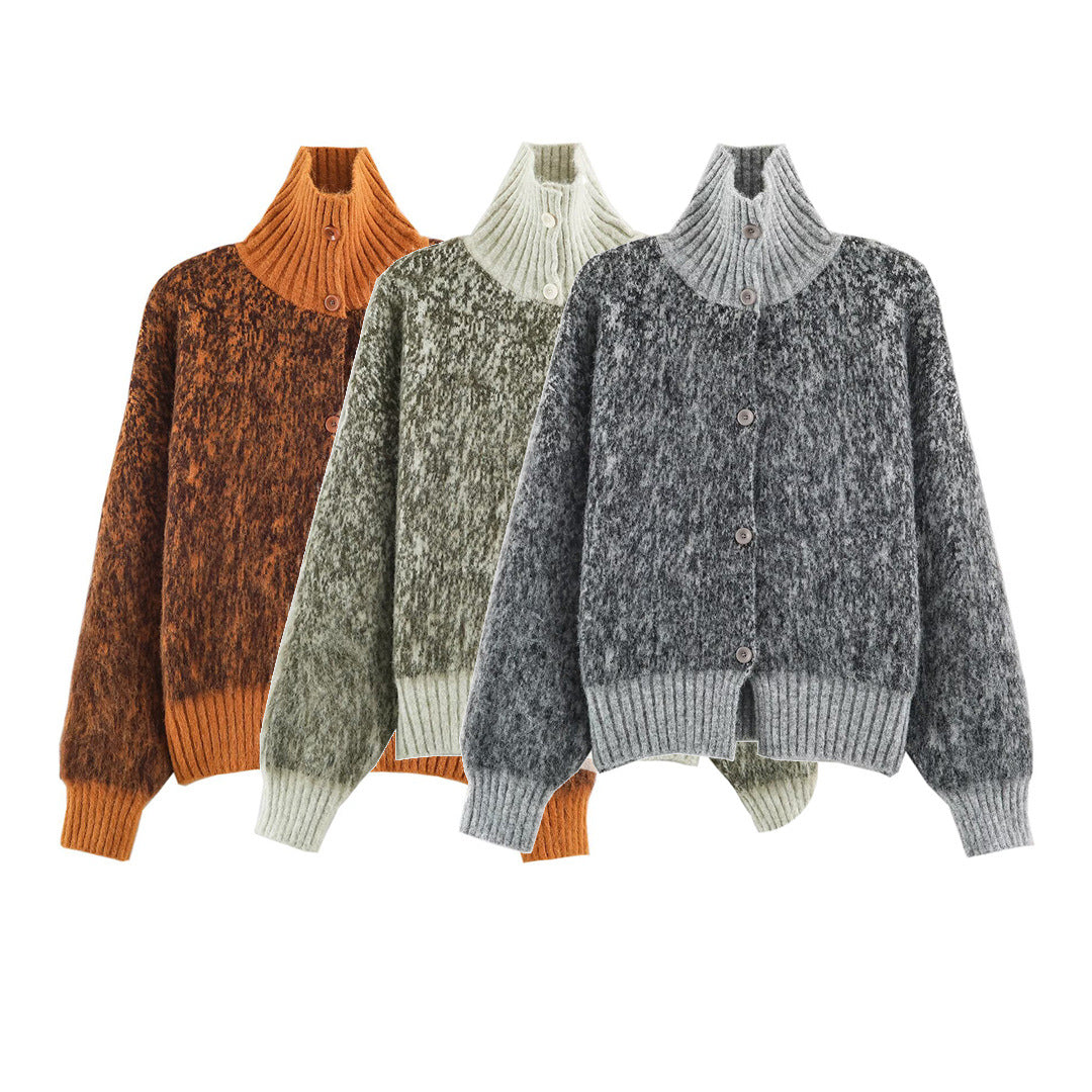 Women Oversized Cardigan made of plush material with high ribbed collar and button placket Chichicherry