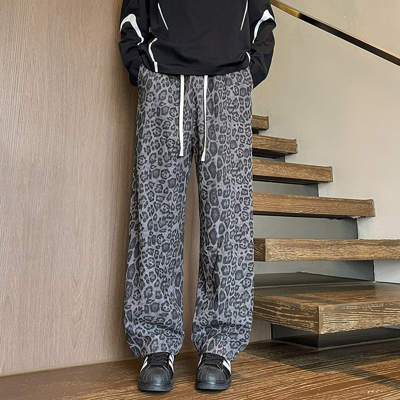 Men's Loose Fit Leopard Print Pants made of Lightweight Viscose Blend with Drawstring Chichicherry