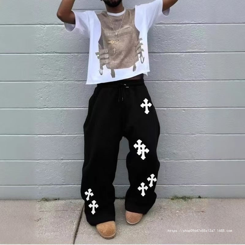 Men's Loose Sweatpants with Gothic Cross Print, Drawstring & Drop Crotch Chichicherry
