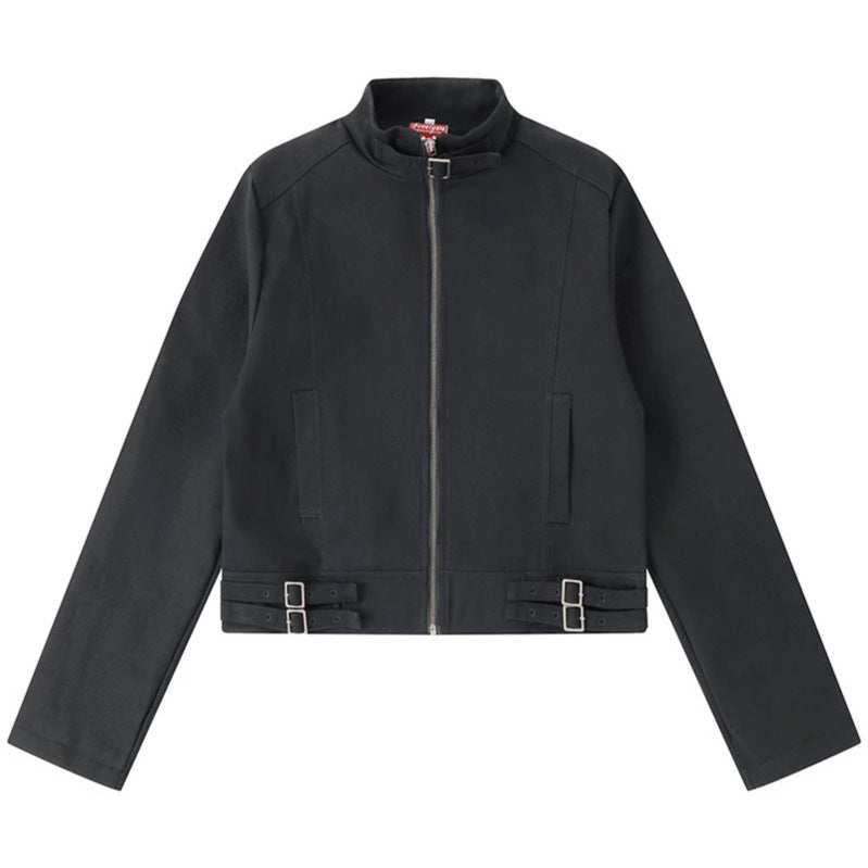 Women's Short Cut Cotton Utility Jacket with Stand-Up Collar Front Zip and Adjustable Waist Straps Chichicherry