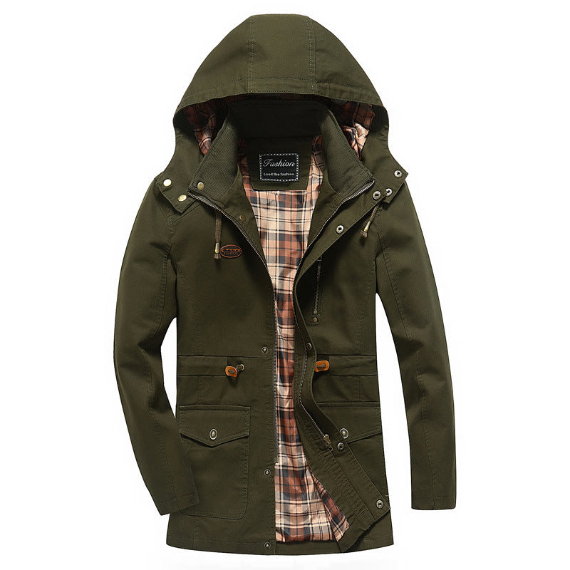 Men's canvas parka with hood, checkered lined interior and utility pockets Chichicherry