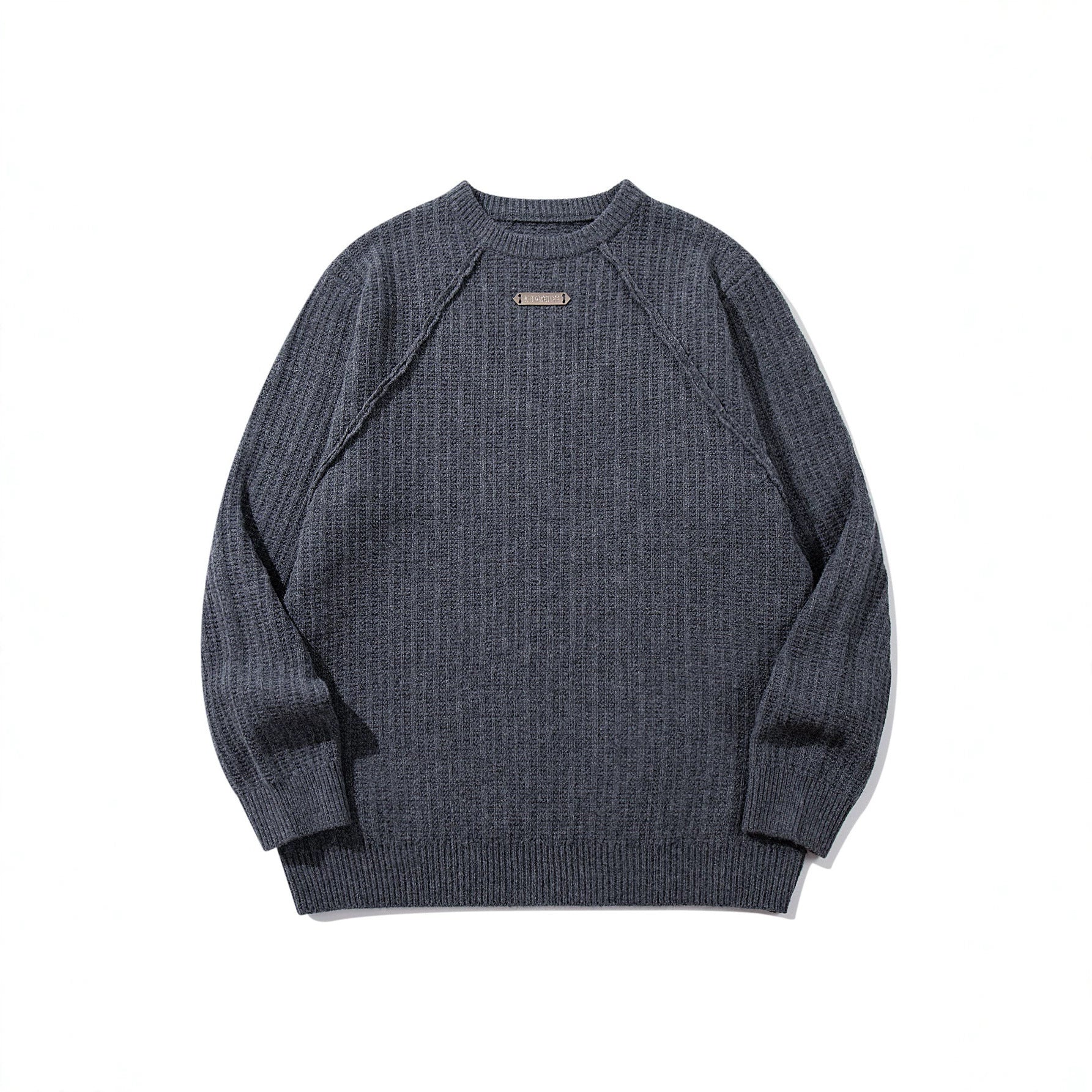 Unisex Structured Waffle Knit Crew Neck Sweater with Raglan Sleeves and Metal Logo Chichicherry