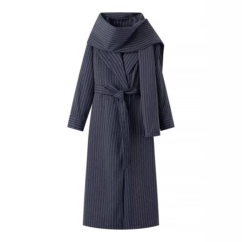 Women’s long coat with oversized shawl collar, belt at the waist and pinstripes Chichicherry