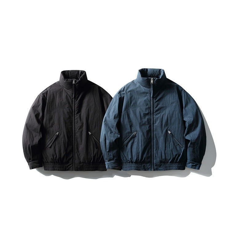 Men's Minimalistic Boxy Windbreaker Jacket with High Stand Collar and Diagonal Zipper Pockets Chichicherry