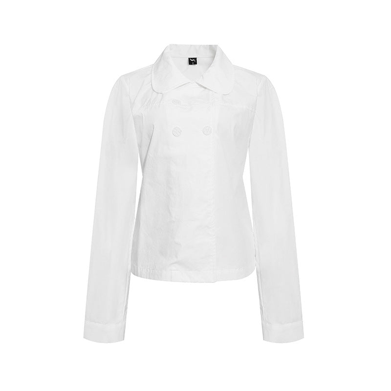 Women Tailored Lightweight Cotton Blouse Jacket with Round Collar and Double Button Row Chichicherry