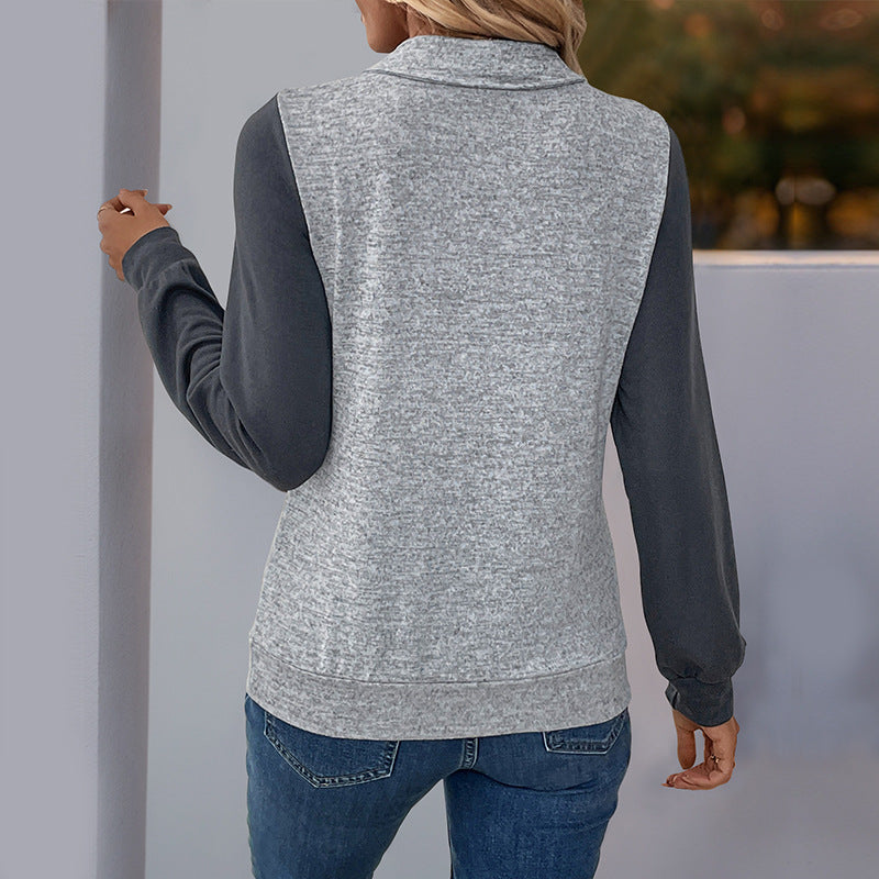 Women Two-Tone Henley Long Sleeve with Chest Pocket Trim and Ribbed Cuffs Chichicherry