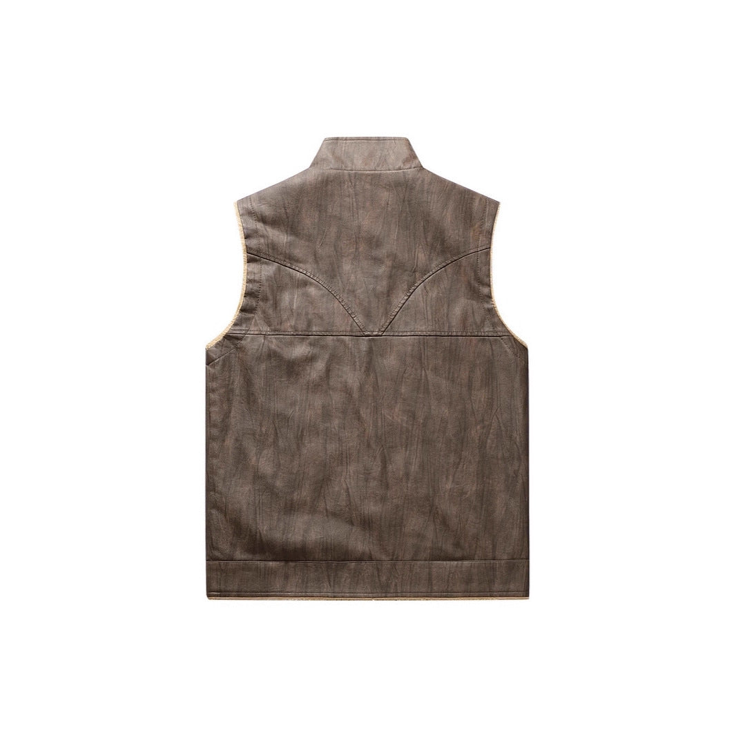 Men's Sleeveless Faux Leather Teddy Vest with Stand Collar and Zipper Pockets Chichicherry