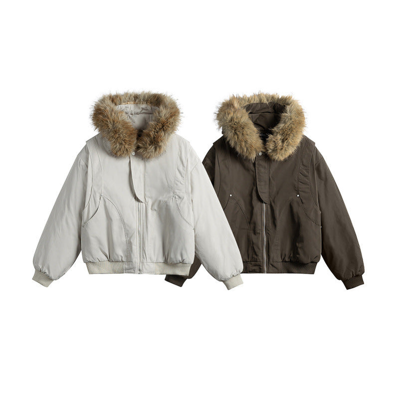 Women's short insulated field bomber jacket with hood and removable faux fur trim Chichicherry