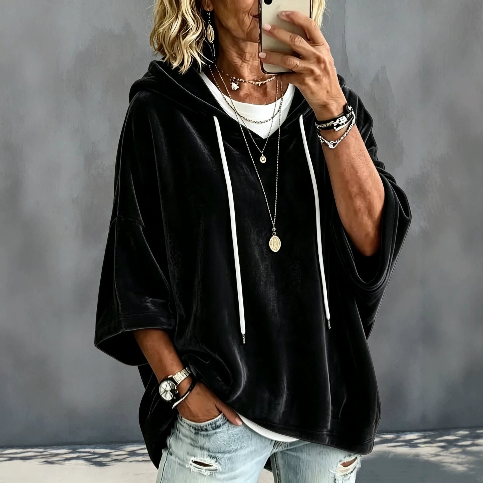 Women's Short Sleeved Oversized Velvet Hoodie with Drawstring Chichicherry