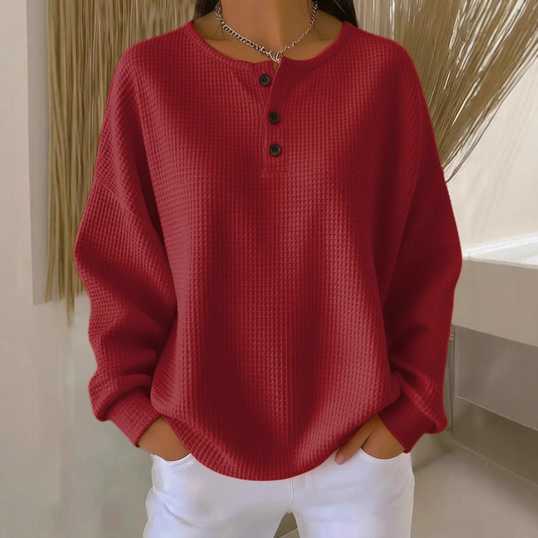 Women's waffle knit henley long sleeve with button placket and oversized fit Chichicherry