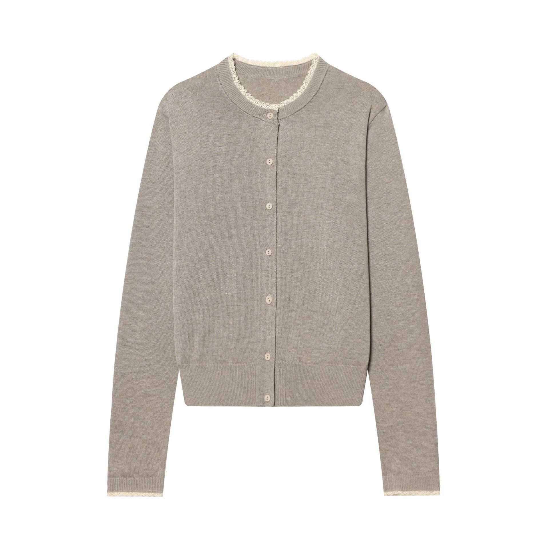 Women Fine Knit Cardigan with Round Neckline, Button Placket and Lace Trim Chichicherry